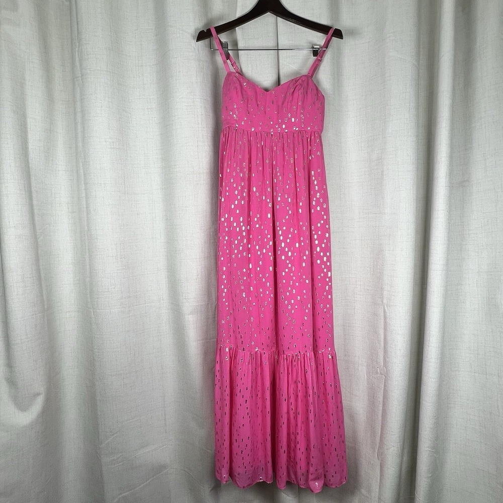 NEW! Lilly Pulitzer Hiedi Maxi Dress Aura Pink Metallic Clip Dobby Fabric Sz 0